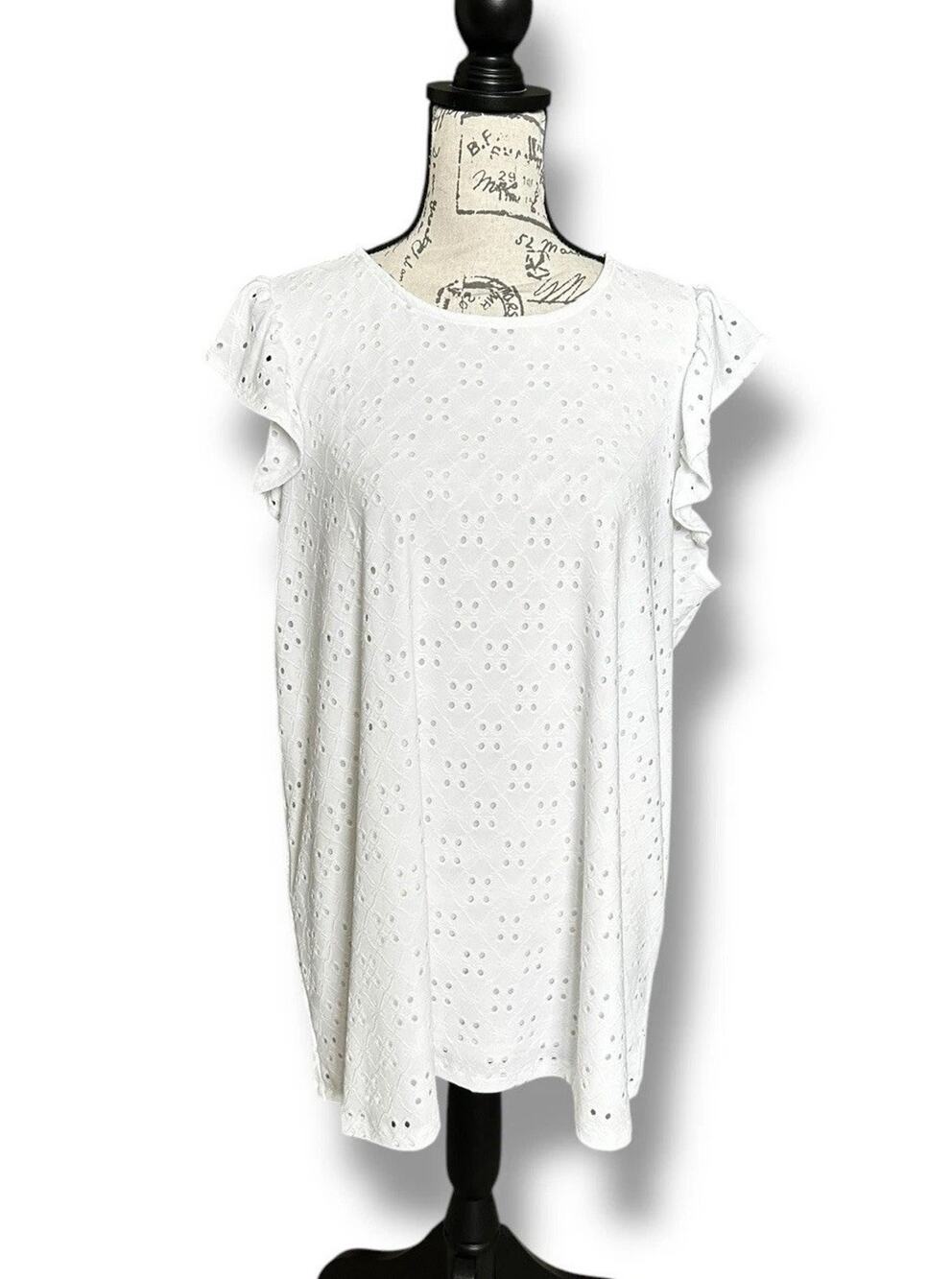 New Torrid Plus Eyelet Jersey Crew Neck Ruffle Sleeve Top Bright White 2X